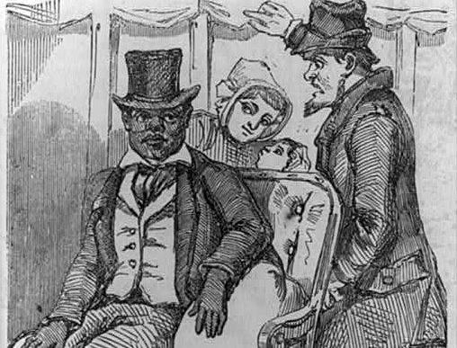 Drawing. Robert Smalls seated with a streetcar conductor trying to force him to the back of the car