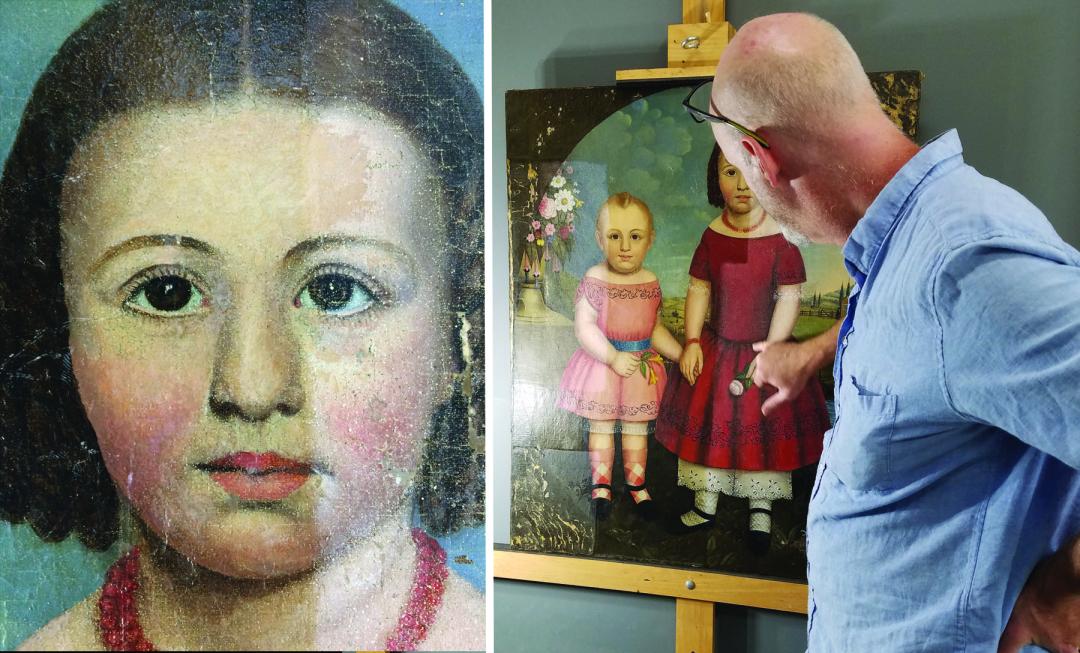 Split image shows close up of painting showing child's on the left and image of man standing, facing away from camera, and pointing at full size painting on an easel