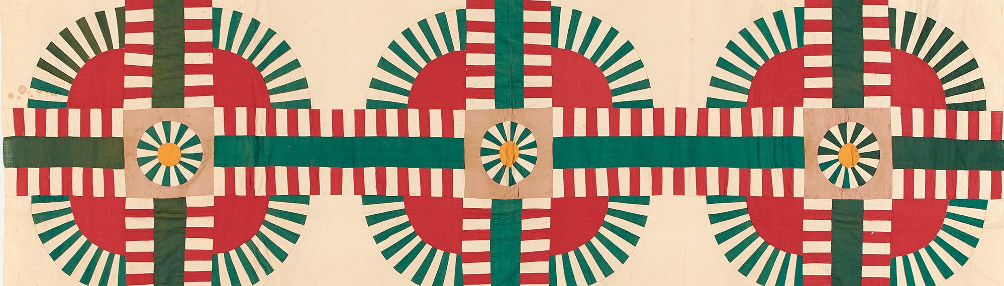 Cream colored quilt with 3-up motif on red circles bordered in radiating outward green dashes that are cross cute with solid green lines trimmed in red dashes.