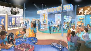 Colorful drawing depicts kids participating in hands-on experiments in the proposed Innovation Lab space