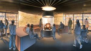 Colorful drawing of museum guests standing and some seated with center display of pottery