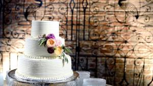3 Tiered white wedding cake sits in front of the Philip Simmons wrought iron gate at the State Museum.