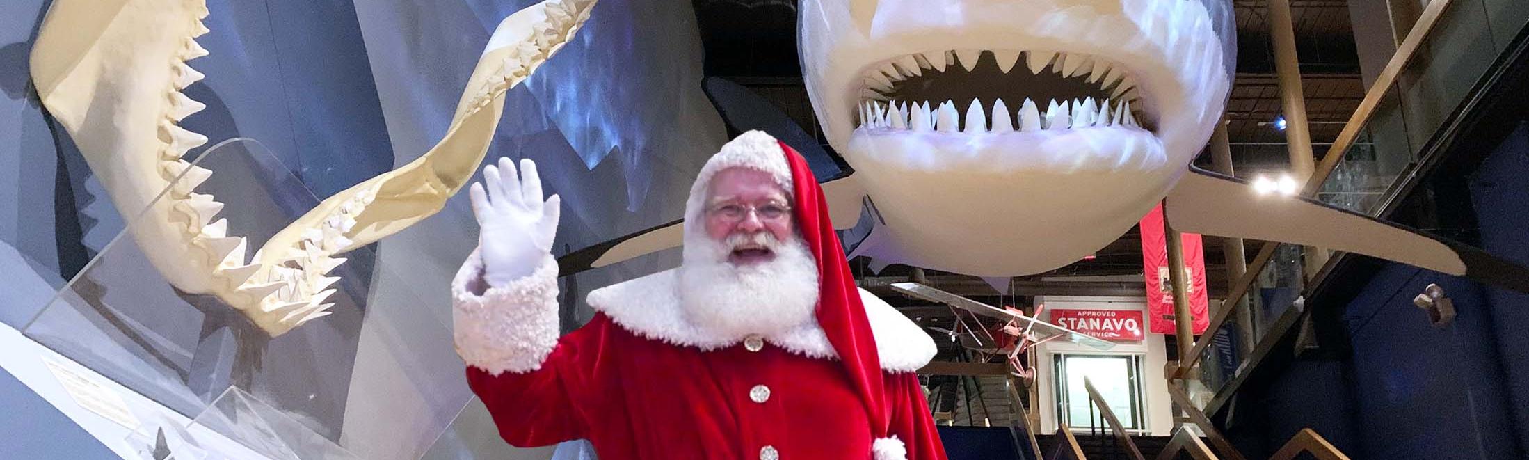 Santa Clause in front of Finn the Shark