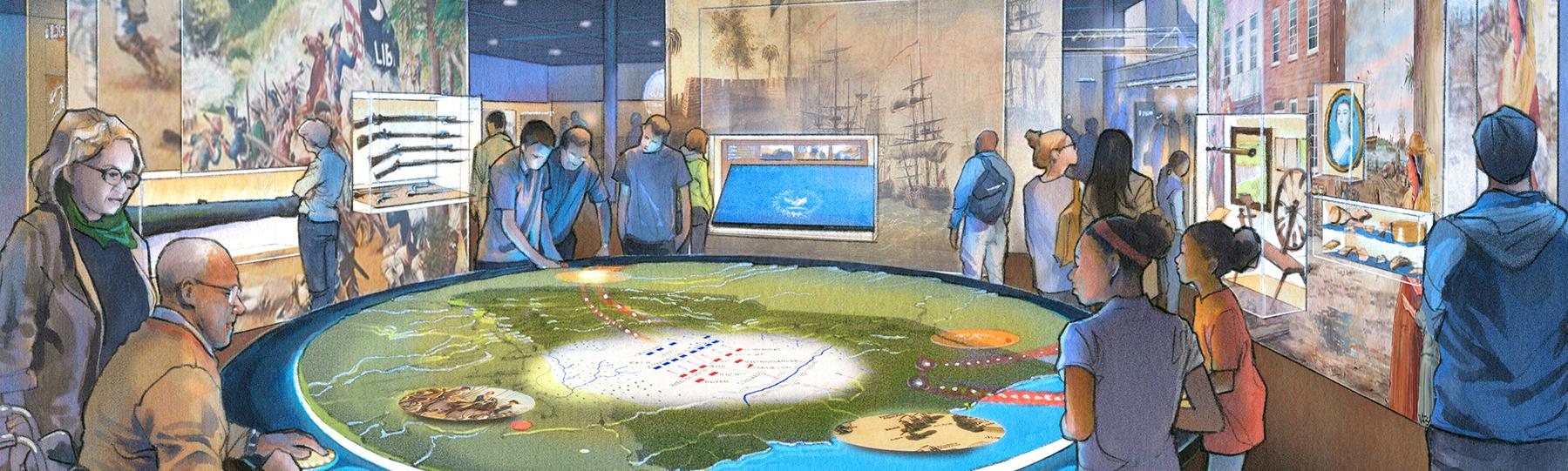 Colorful drawing depicts guest around a projection table showing a map of revolutionary war battles