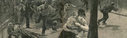 Sepia toned antique newspaper illustration depicts people running down street looking terrified