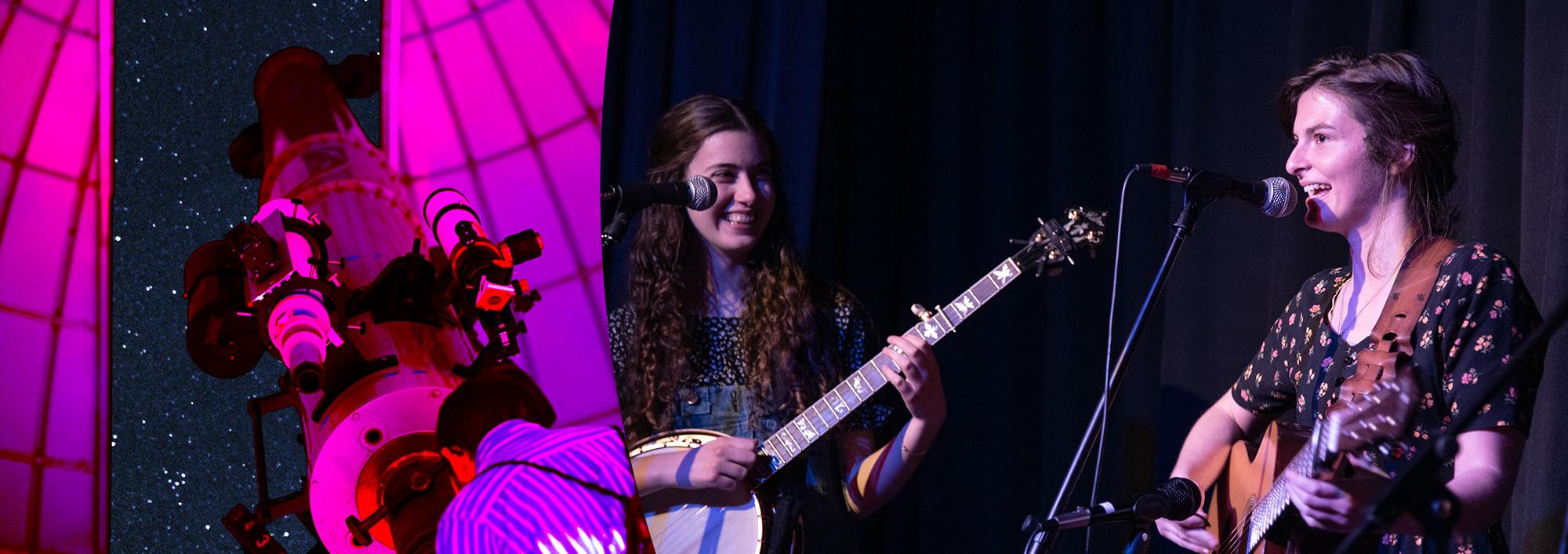 On the left side is a person looking through a telescope at a starry night sky. On the right side are two women playing instruments, a banjo and a guitar