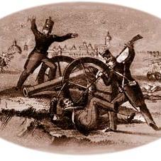 Sepia tone illustration Two soldiers stand next to cannon with arms raised