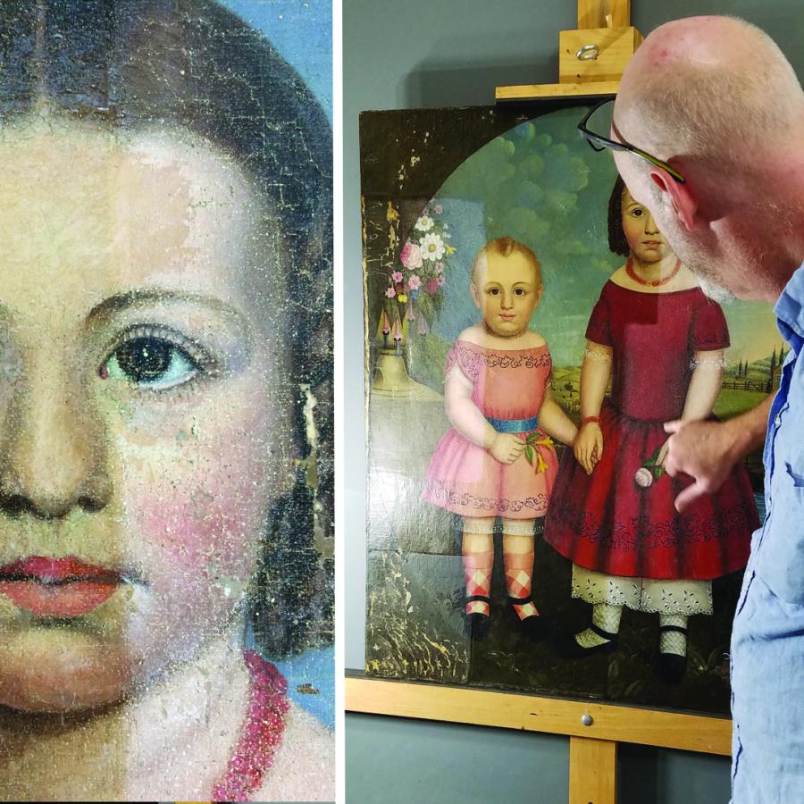 Split image shows close up of painting showing child's on the left and image of man standing, facing away from camera, and pointing at full size painting on an easel