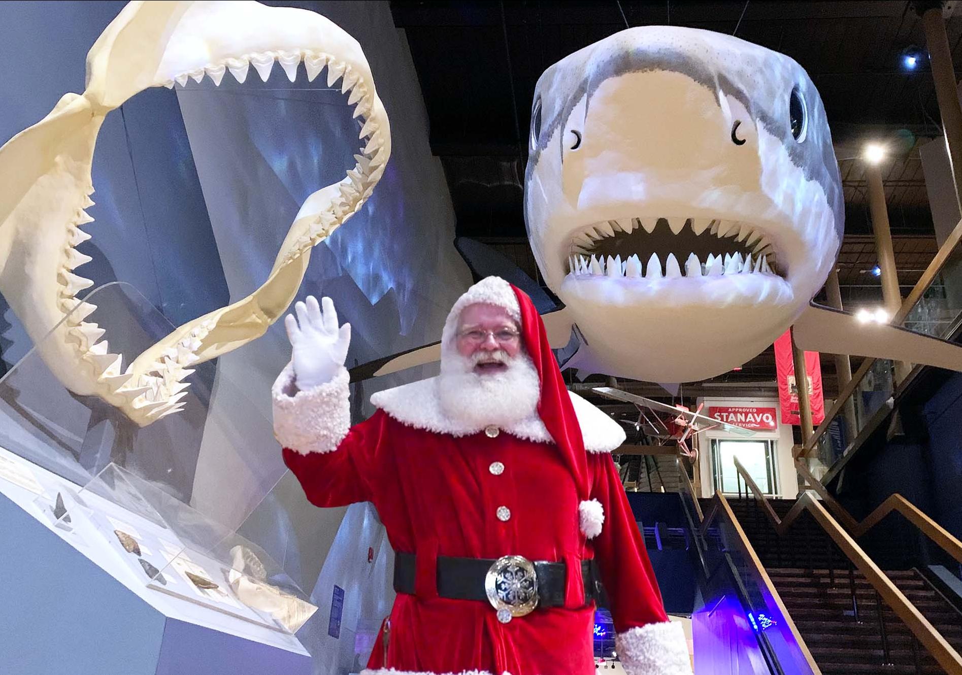 Santa Clause in front of Finn the Shark