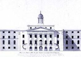 Black and white drawing of a building with three floor and a center section with four floors topped with a cupola