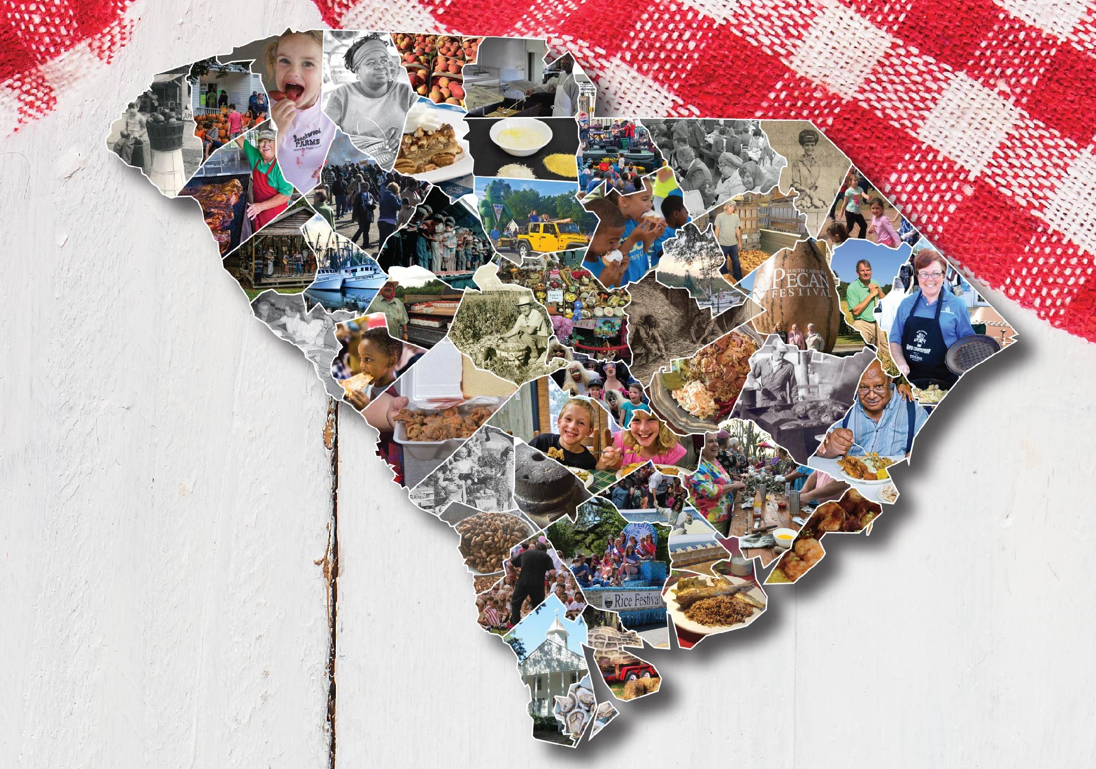 Logo reads The Food We Celebrate with outline of the state of SC made of a photo collage