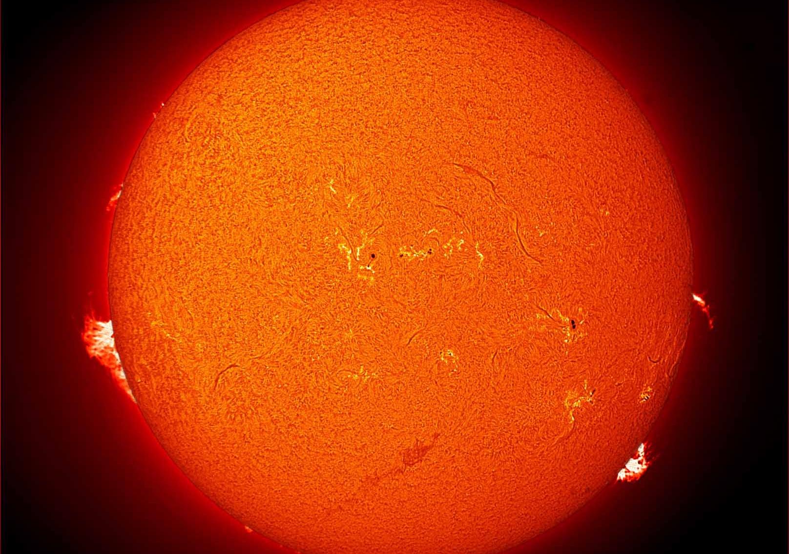 Image of the Sun from the SCSM observatory, with features labeled.