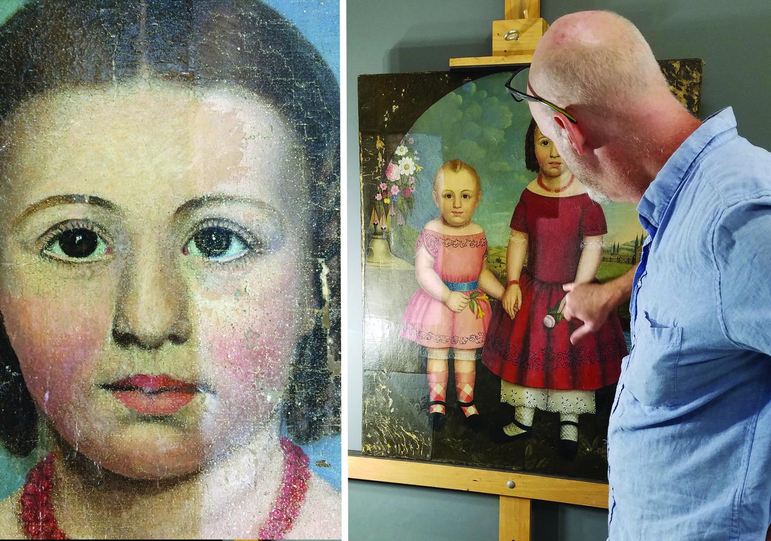 Split image shows close up of painting showing child's on the left and image of man standing, facing away from camera, and pointing at full size painting on an easel