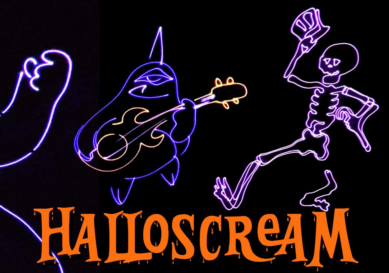 On a black background are the illustrated figures of a waving, happy a ghost, a one-eyed monster with a guitar and a skeleton doffing a top hat