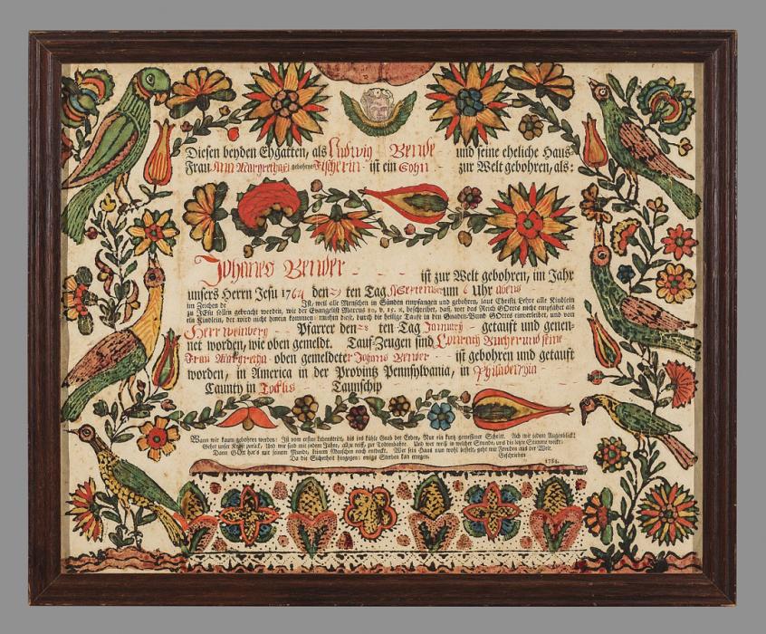 intricately designed certificate framed depicting birds, flowers and fauna